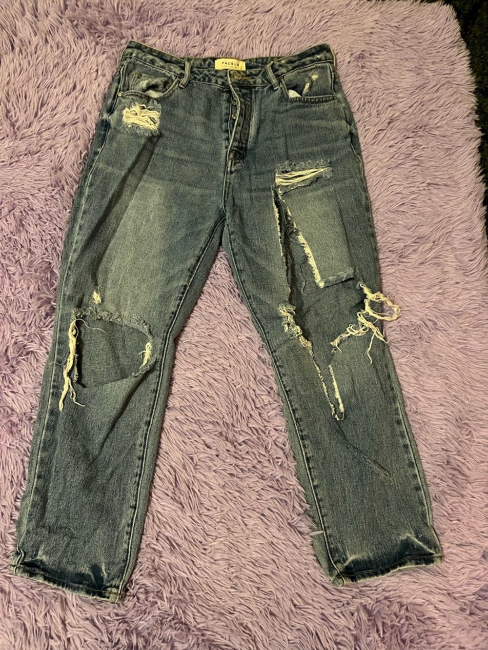 PacSun Ripped High-Rise Mom Jeans - Washed Blue Denim